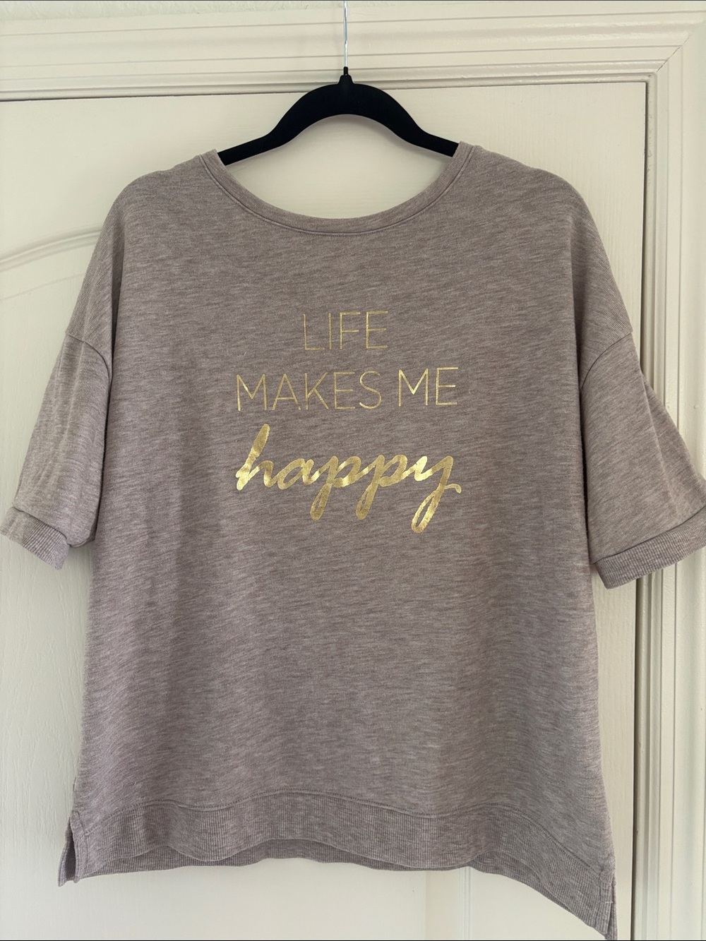 Liz Claiborne Weekend Beige Short Sleeve Sweat Top with Gold Script